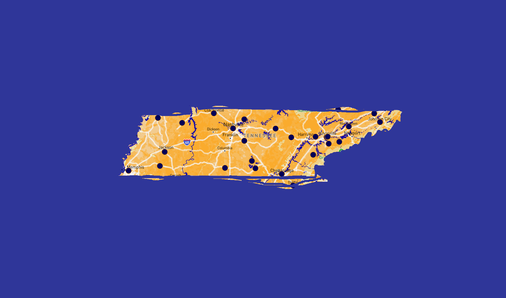 a stylized visual map of the tennessee nokings protest locations. better information is available on the nokings dot org website.